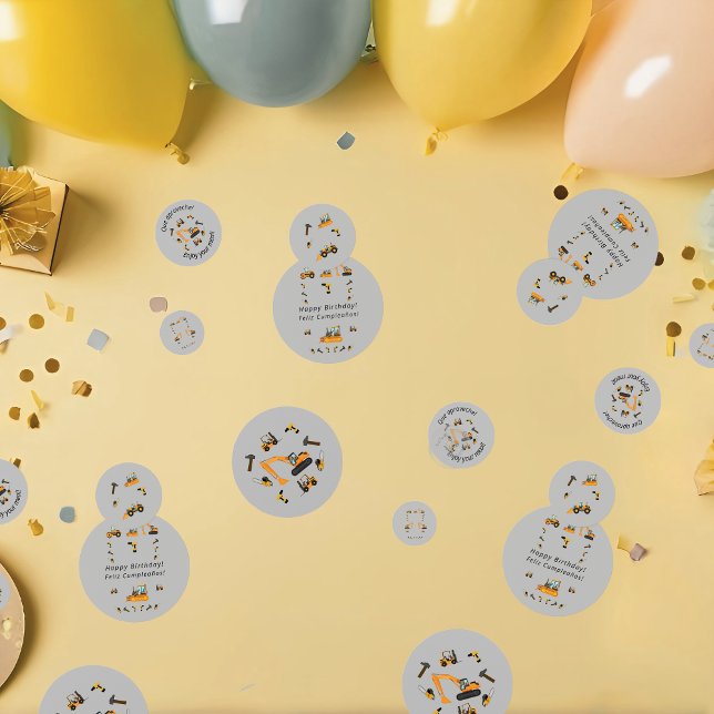 Confettis Construction gris Thème Anniversaire Fête Bilingue (Gray Bilingual confetti construction themed birthday, custom spanish text. Multilingual Project)