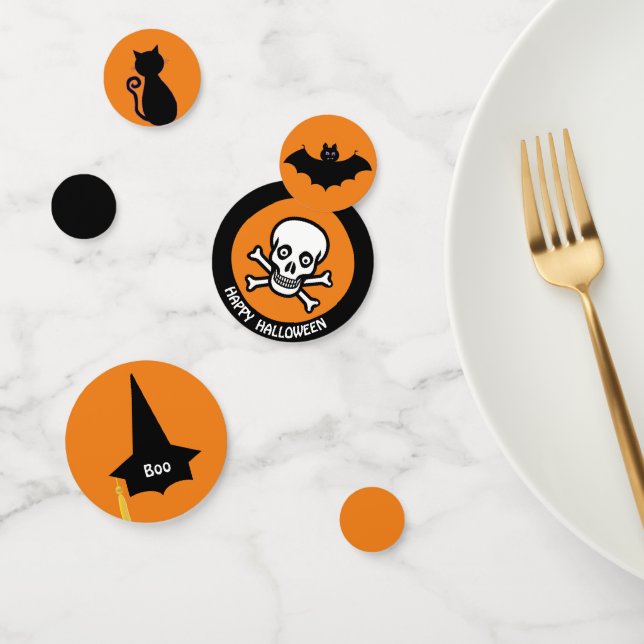 Confettis Crâne Joyeux Halloween, chat noir, chapeau de sorc (Groupe)