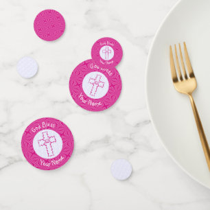 Confettis Croix chrétienne rose zig zag sur nom rose blanc