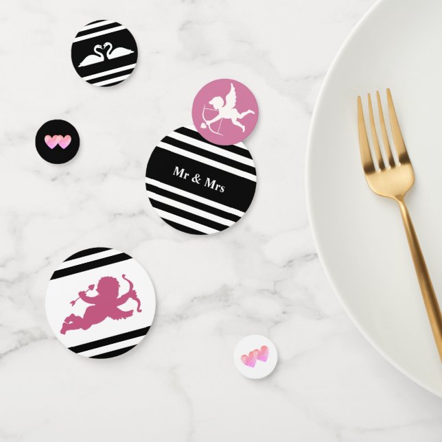 Confettis Cupide, cygnes sur mariage rayé noir & blanc (Groupe)