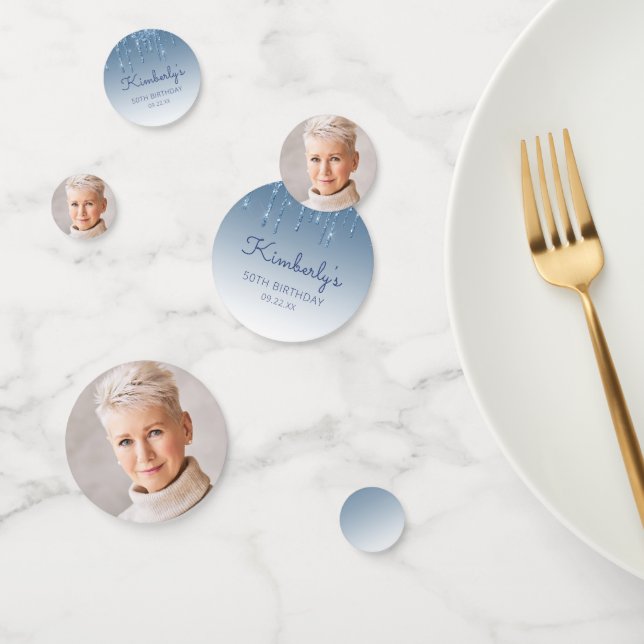 Confettis Custom Photo Glam Blue Glitter Drip 50th Birthday (Groupe)