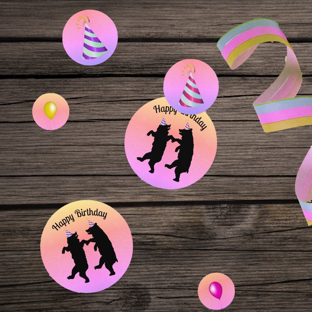 Confettis Danse Anniversaire Black Bears Party Casquettes Ba (Dancing black bears pink purple party hats balloons on multi pastel coloured table Birthday confetti)