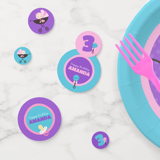Confettis Décoration personnalisée de poupée pour bébé (Baby Doll Birthday Personalized Table Confetti in Pink, Purple and Teal Blue)