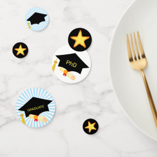 Confettis Diplôme de doctorat étoiles sur fond noir. Bleu et