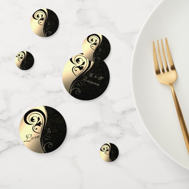 Confettis Elégant noir Damas, Or, Nom d'amour (Groupe)