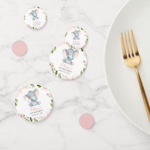 Confettis Éléphant, fleurs aquarelle rose, premier anniversa
