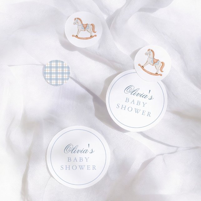 Confettis Fête de naissance Cheval à Bascule Gingham Bleu Vi (Créateur téléchargé)
