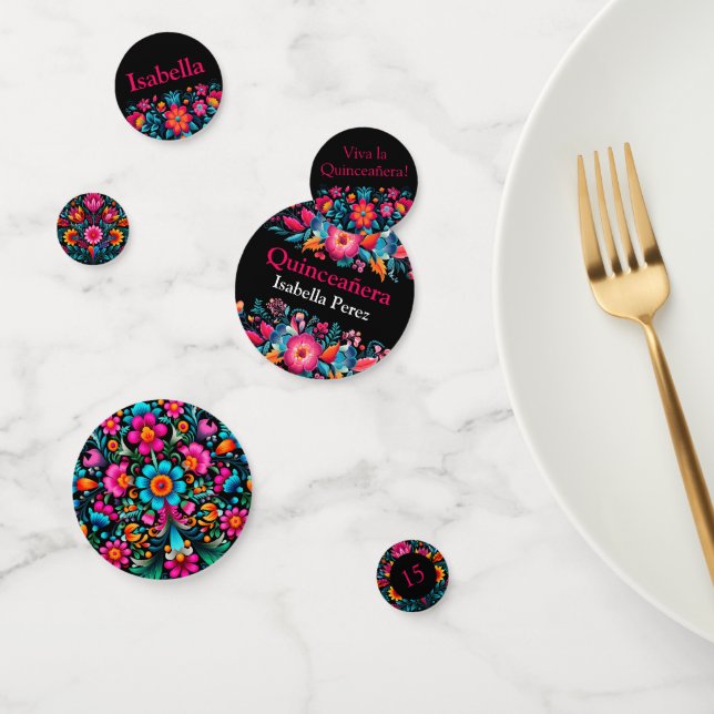 Confettis Fiesta mexicaine Noir Nom Floral Quinceanera (Groupe)