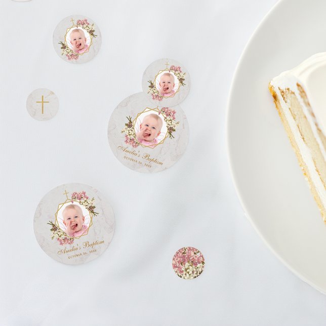 Confettis Fille Baptême Photo Marbre Floral Orchidée or rose (Créateur téléchargé)
