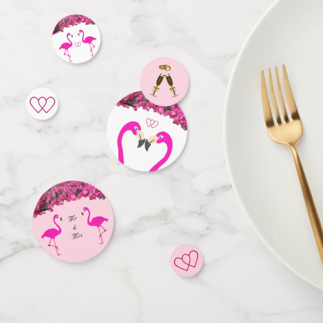 Confettis Flamants roses & fleurs sur rose or & blanc mariag (Groupe)