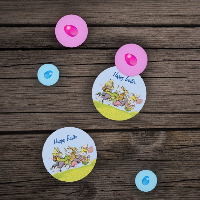 Confettis Groupe Courir Des Pâques Paniers Oeufs Herbe (Happy Easter running bunnies in grass with baskets and coloured eggs on table confetti.)