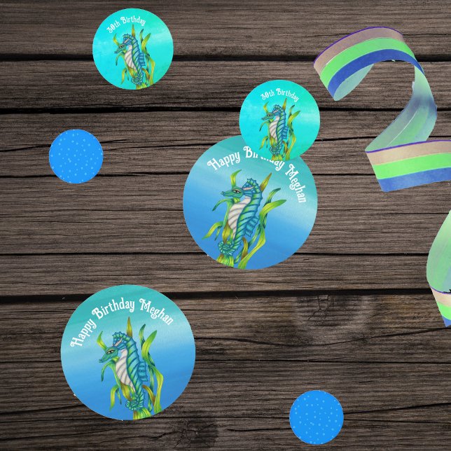 Confettis Imaginaire Mer Dragon Tons de Bleu Bulles d'algues (Fantasy sea dragon creature with seaweed on Birthday table confetti in shades of blues.)