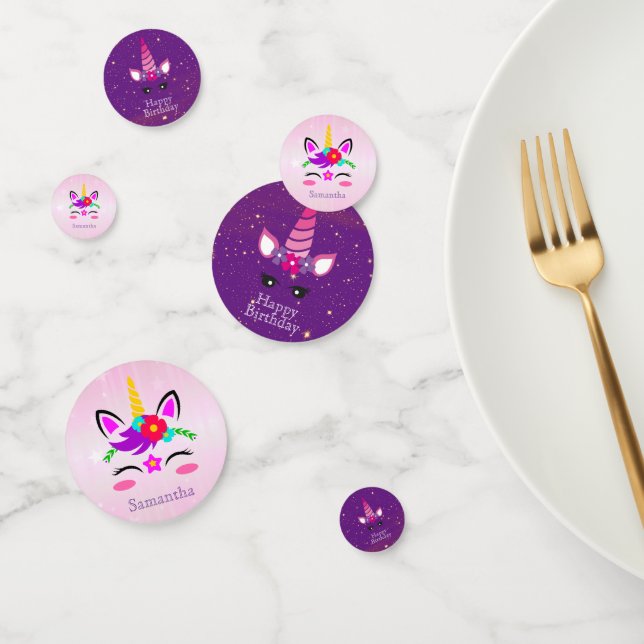Confettis Joyeux anniversaire violet et rose licorne magique (Groupe)