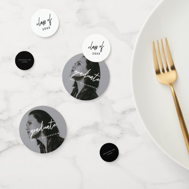 Confettis Modern Script Black & White Photo Graduation Party (Groupe)