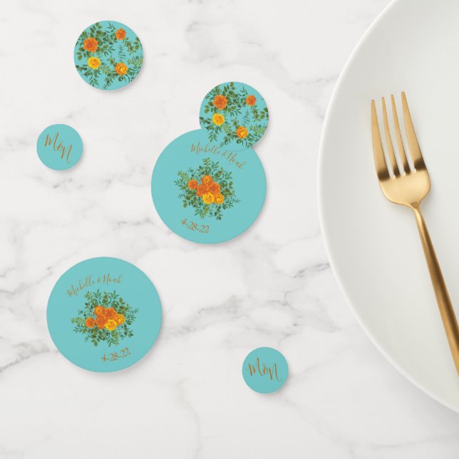 Confettis Orange & Aqua Mariage Floral moderne (Groupe)