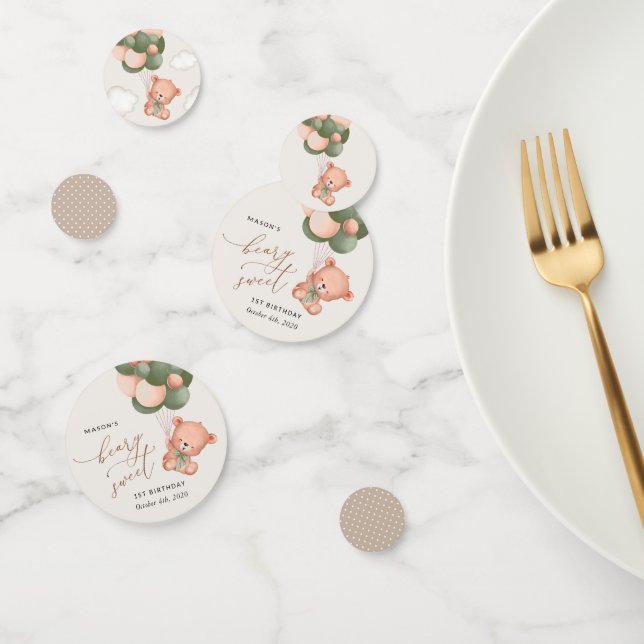 Confettis Ours de bébé, Ballons verts, Premier anniversaire (Groupe)