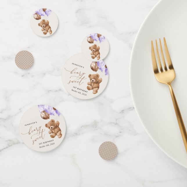 Confettis Ours En Jeu, Ballons Violets, Premier Anniversaire (Groupe)