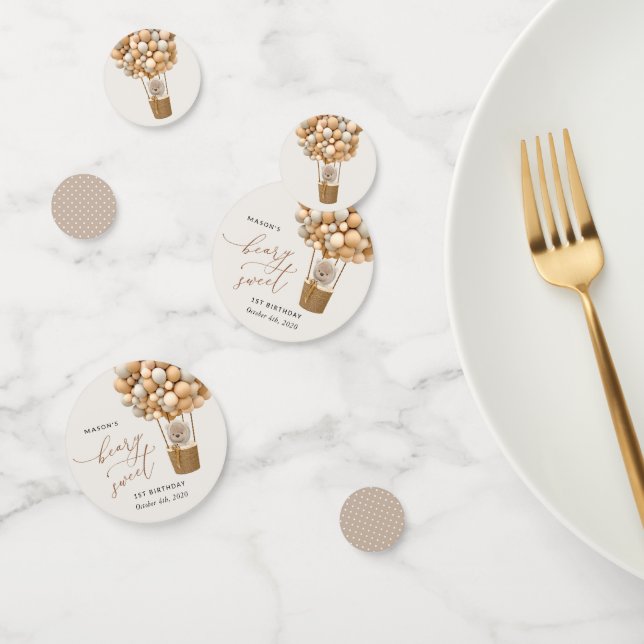 Confettis Ours mignon, Ballons Beiges, Premier Anniversaire (Groupe)