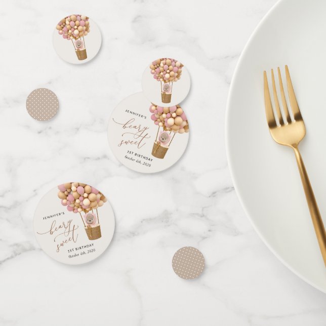 Confettis Ours mignon, Ballons roses, Premier Anniversaire (Groupe)