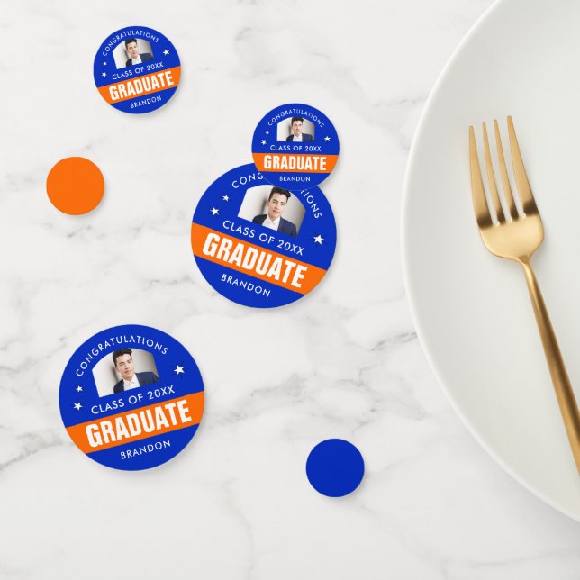 Confettis Photo de Graduation Bleu et Orange personnalisée (Groupe)