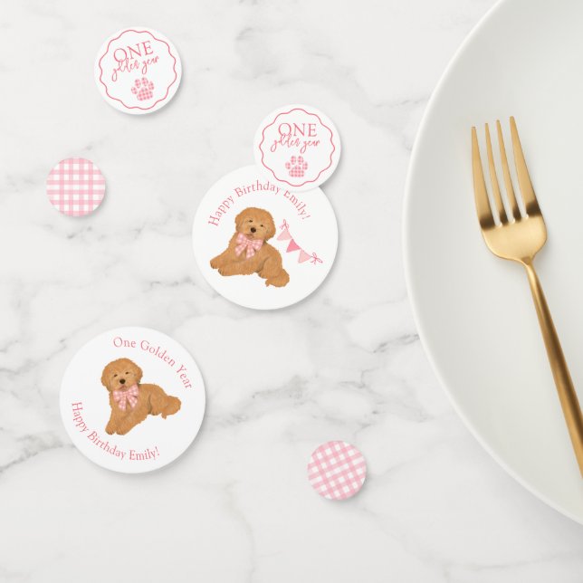 Confettis Pink Gingham One Golden Year Puppy Birthday Table (Groupe)