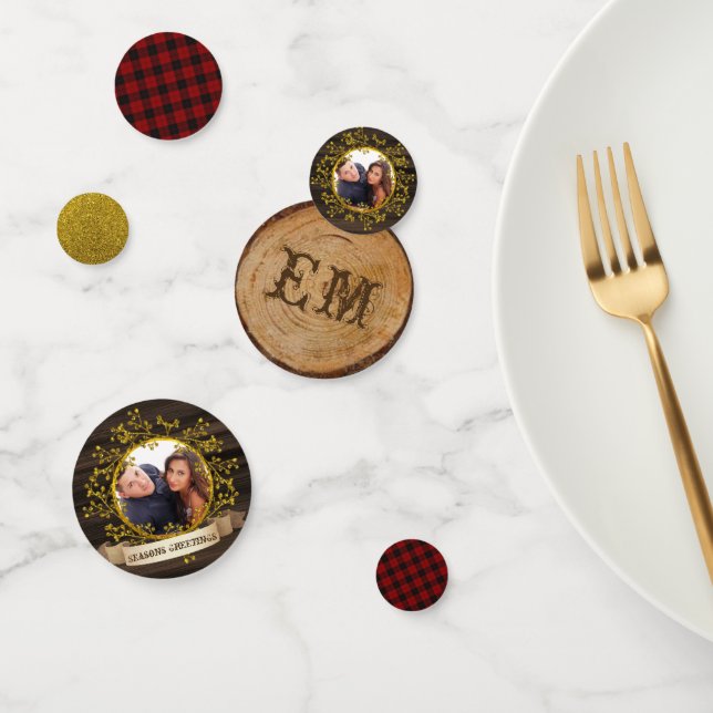 Confettis Plaid de Buffalo Rustique PHOTO Monogramme Or Roug (Groupe)