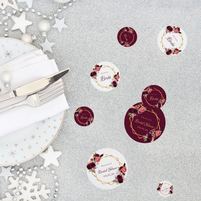 Confettis Pluie de mariage floral or géométrique nom bordeau (Créateur téléchargé)