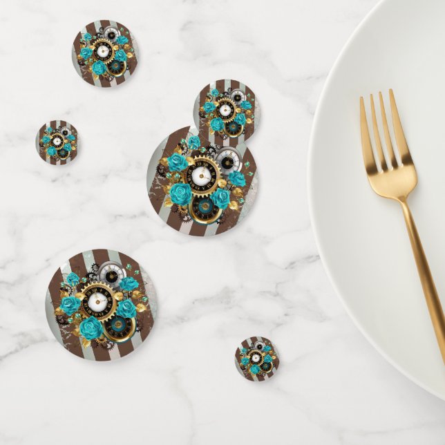 Confettis Steampunk Clock and Turquoise Roses on Striped (Groupe)