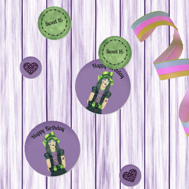 Confettis Sweet 16 Goth Girl Anniversaire Vert pourpre Éffra (Sweet 16 birthday Goth girl green hat tattoos on purple and green table confetti with hearts.)