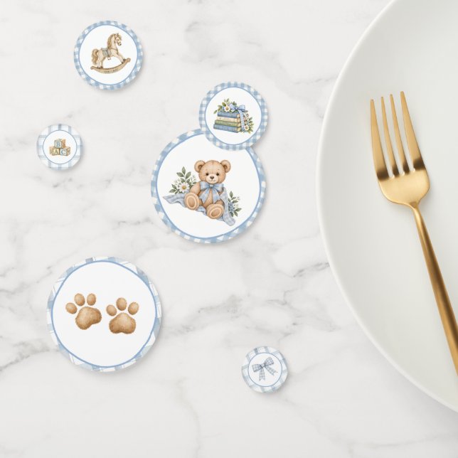 Confettis Table Ours en Velours Bleu Gingham (Groupe)