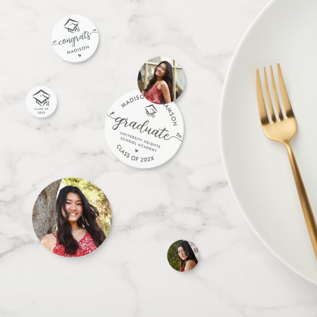 Confettis White 3 Photo Graduation Modern Script Hearts Casq (Groupe)