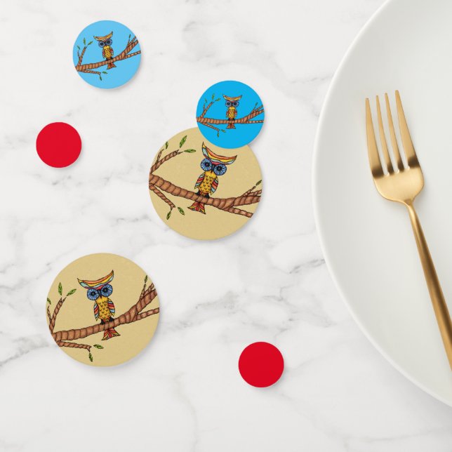 Confettis Yeux bleus de Chouette Abstraite sur Feuilles de b (Groupe)