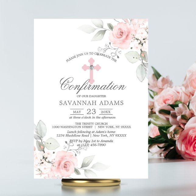 Confirmation Aquarelle Rose Rose Girl Invitation (Confirmation Watercolor Pink Rose Girl Invitation)