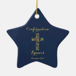 Confirmation bleu or croix ornement céramique