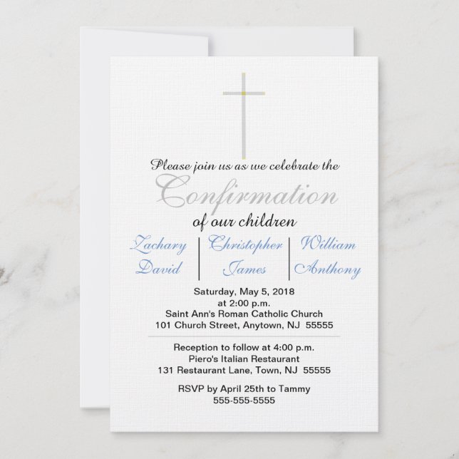 Confirmation Bleu Triplets Invitations (Devant)
