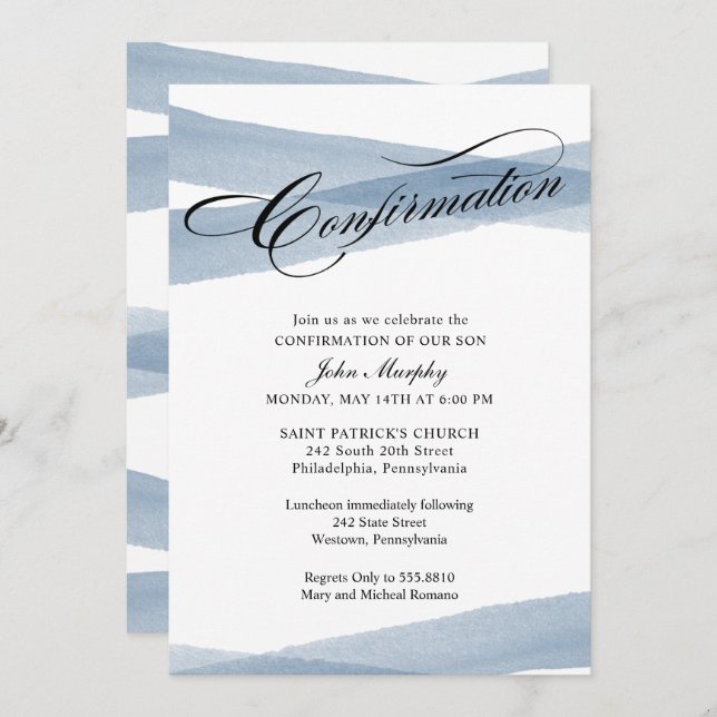 Confirmation, Blue Modern Watercolor Invitation (Devant / Derrière)