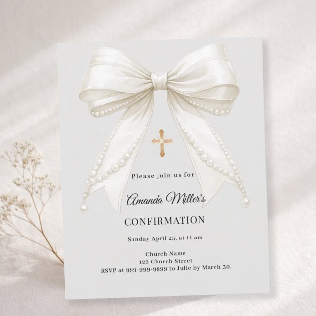 Confirmation bow ivory pearls girl gray invitation (Créateur téléchargé)