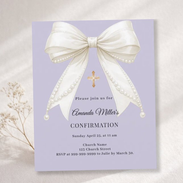 Confirmation bow ivory pearls lavender invitation (Créateur téléchargé)