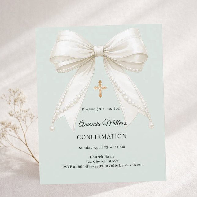 Confirmation bow ivory pearls sage invitation (Créateur téléchargé)