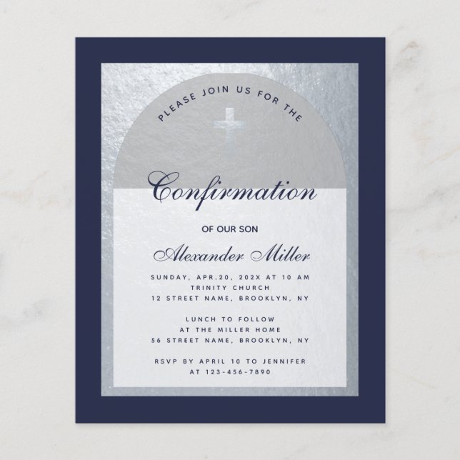 Confirmation Budget Marine Blue Silver Invitation (Devant)