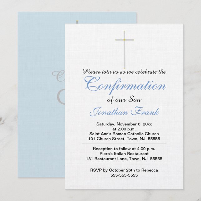 Confirmation Cross Son Blue Grey Invitation (Devant / Derrière)