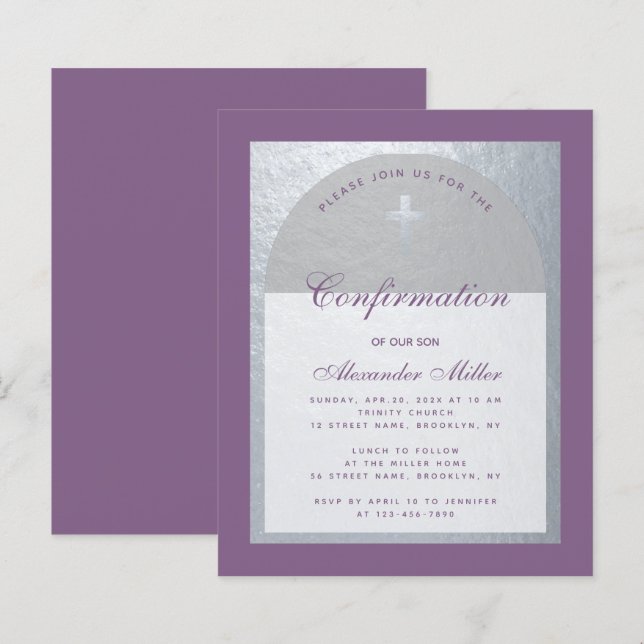 Confirmation Dusty Purple Silver Budget Invitation (Devant / Derrière)