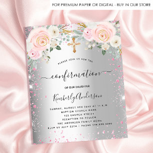 Confirmation fille argent rose floral invitation
