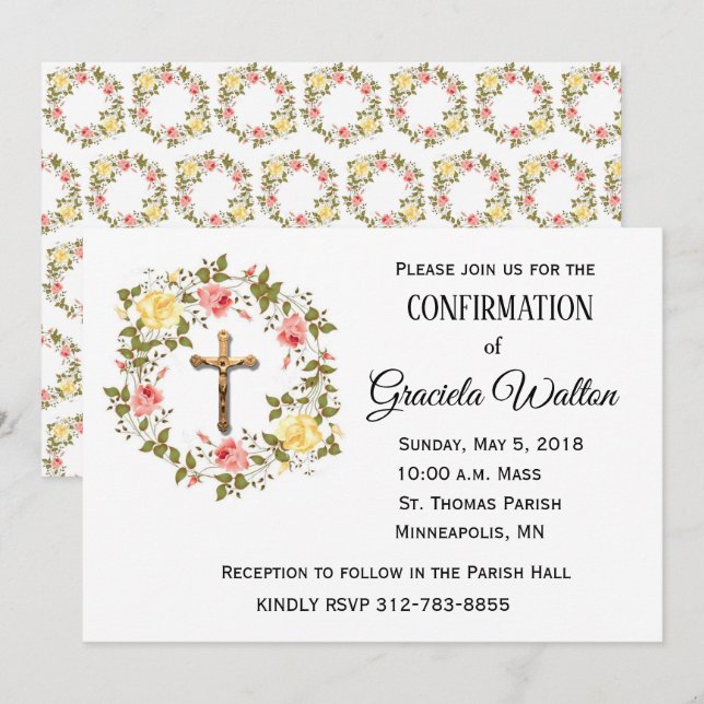 Confirmation Floral Wreath Crucifix Invitation (Devant / Derrière)