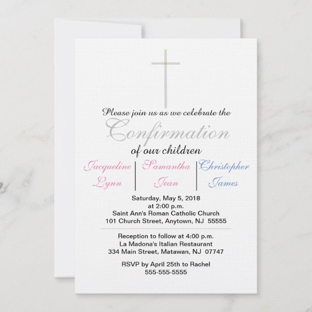 Confirmation Pink Blue Triplets Invitation (Devant)