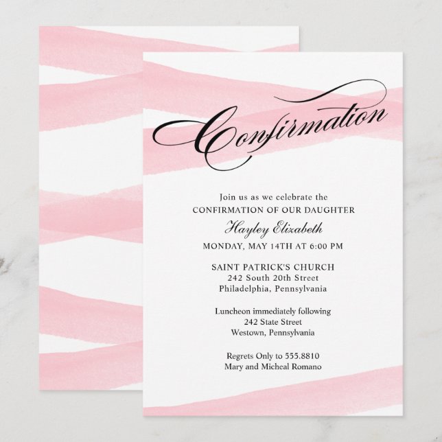 Confirmation, Pink Watercolor Ribbon Invitation (Devant / Derrière)