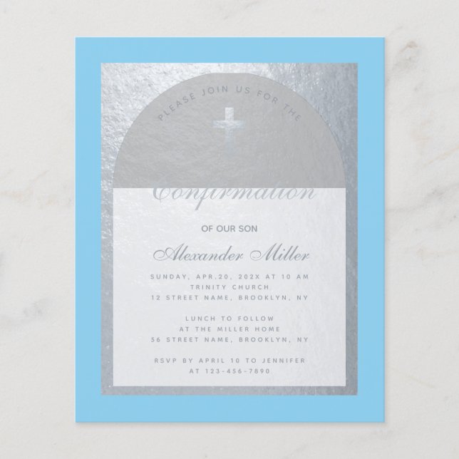Confirmation Silver Blue Grey Budget Invitation (Devant)