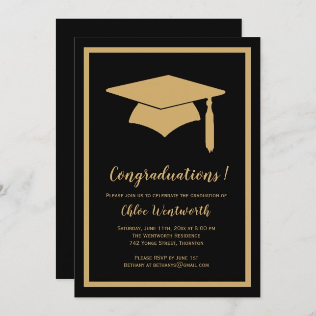 "Congraduations" Faux Gold / Black Grad Invitation (Devant / Derrière)