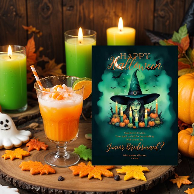 Conjures de sorcière d'Halloween pour demoiselle d (Attractive & Mystical Halloween Witch Conjures Enchanting Spells Amid Glowing Candles JR Bridesmaid)