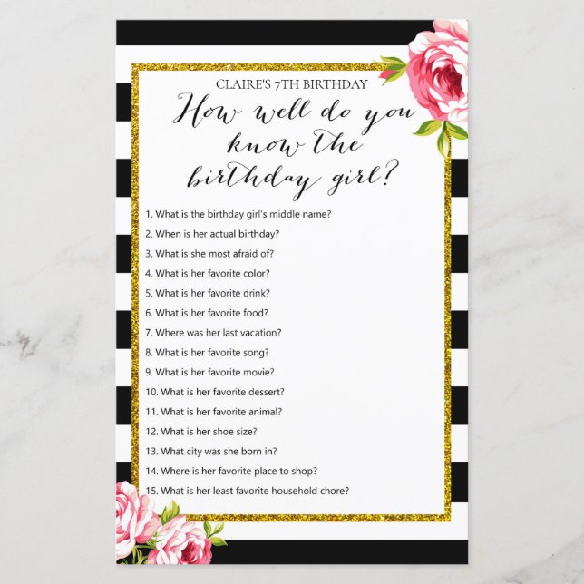 Connais-tu bien la fille d'anniversaire Game (Devant)